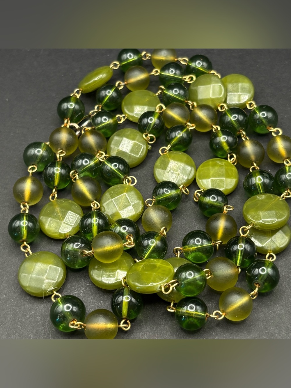 Vintage Olive Peridot Green Bead Necklace 20" Layering Frosted Plastic Lucite